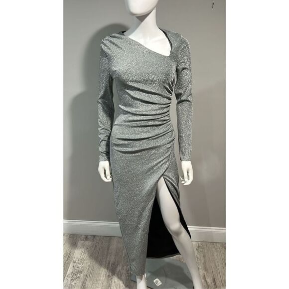 Alexis Admor Cutout Silver Ruched Shimmer Gown Size Small - Picture 6 of 10
